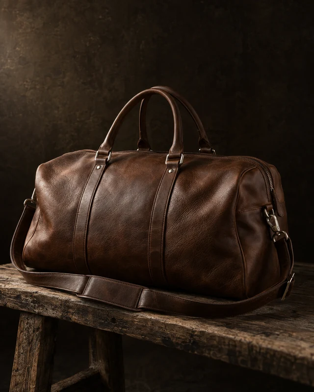 The Weekender — full concept study of the brown bag, isolated on a near-black sweep