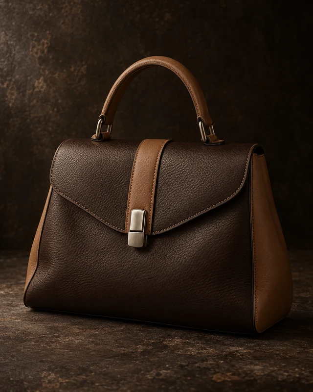 The Margot — full concept study of the two-tone brown bag, isolated on a near-black sweep