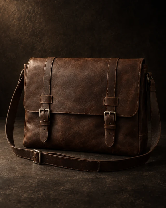 The Courier — full concept study of the brown bag, isolated on a near-black sweep