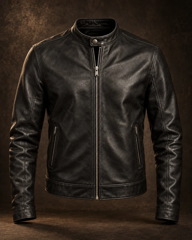 The Racer — full concept study of the black jacket, isolated on a near-black sweep