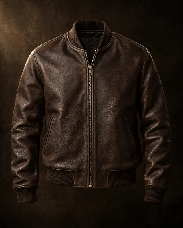The Aviator — full concept study of the espresso jacket, isolated on a near-black sweep