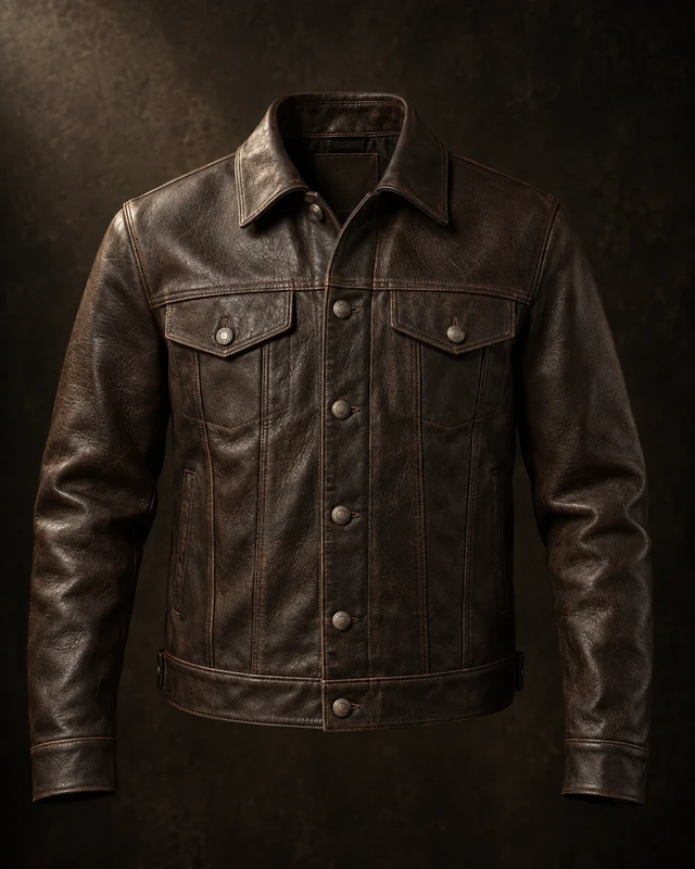 The Mercer — full concept study of the dark brown jacket, isolated on a near-black sweep