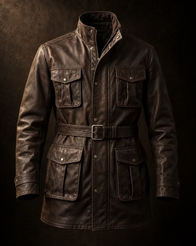 The Outrider — full concept study of the deep brown jacket, isolated on a near-black sweep