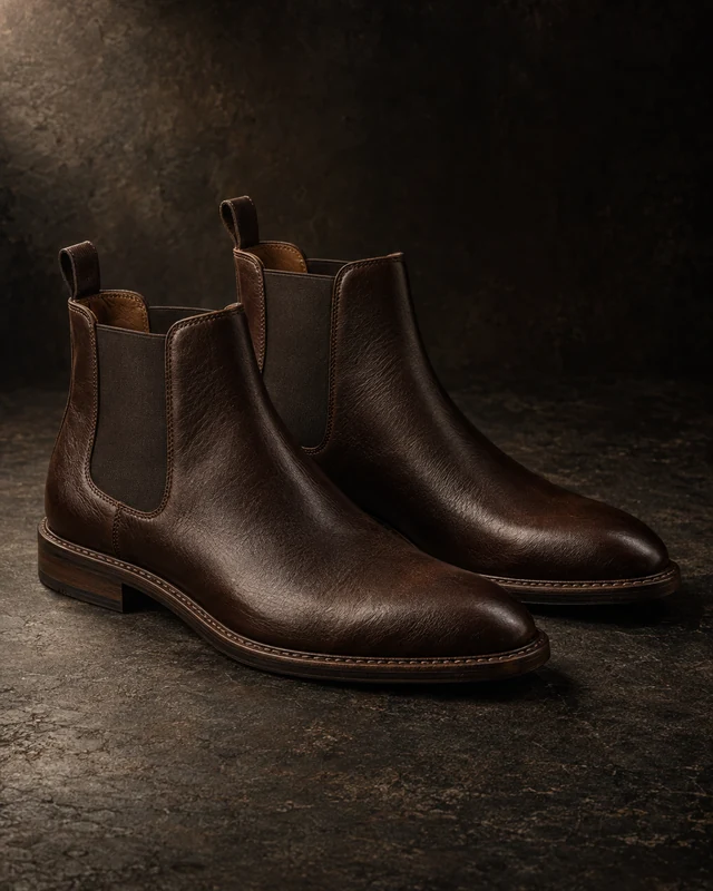 The Chelsea — full concept study of the dark brown shoe, isolated on a near-black sweep