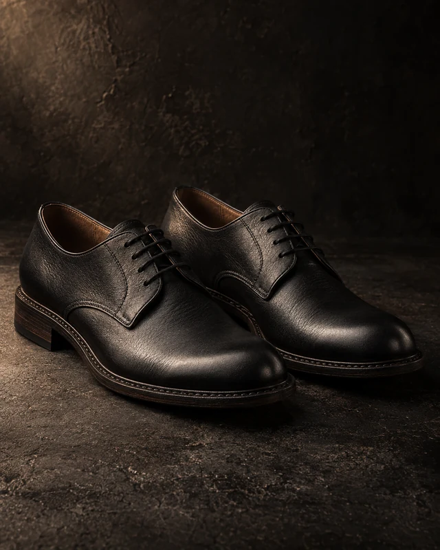 The Derby — full concept study of the black shoe, isolated on a near-black sweep