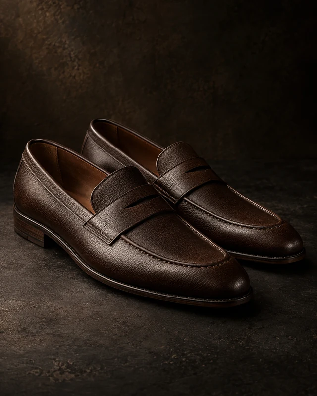 The Penny — full concept study of the dark brown shoe, isolated on a near-black sweep