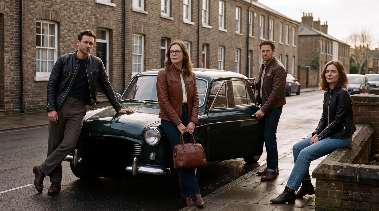 Friends wearing black and brown leather jackets around a vintage car on a British street