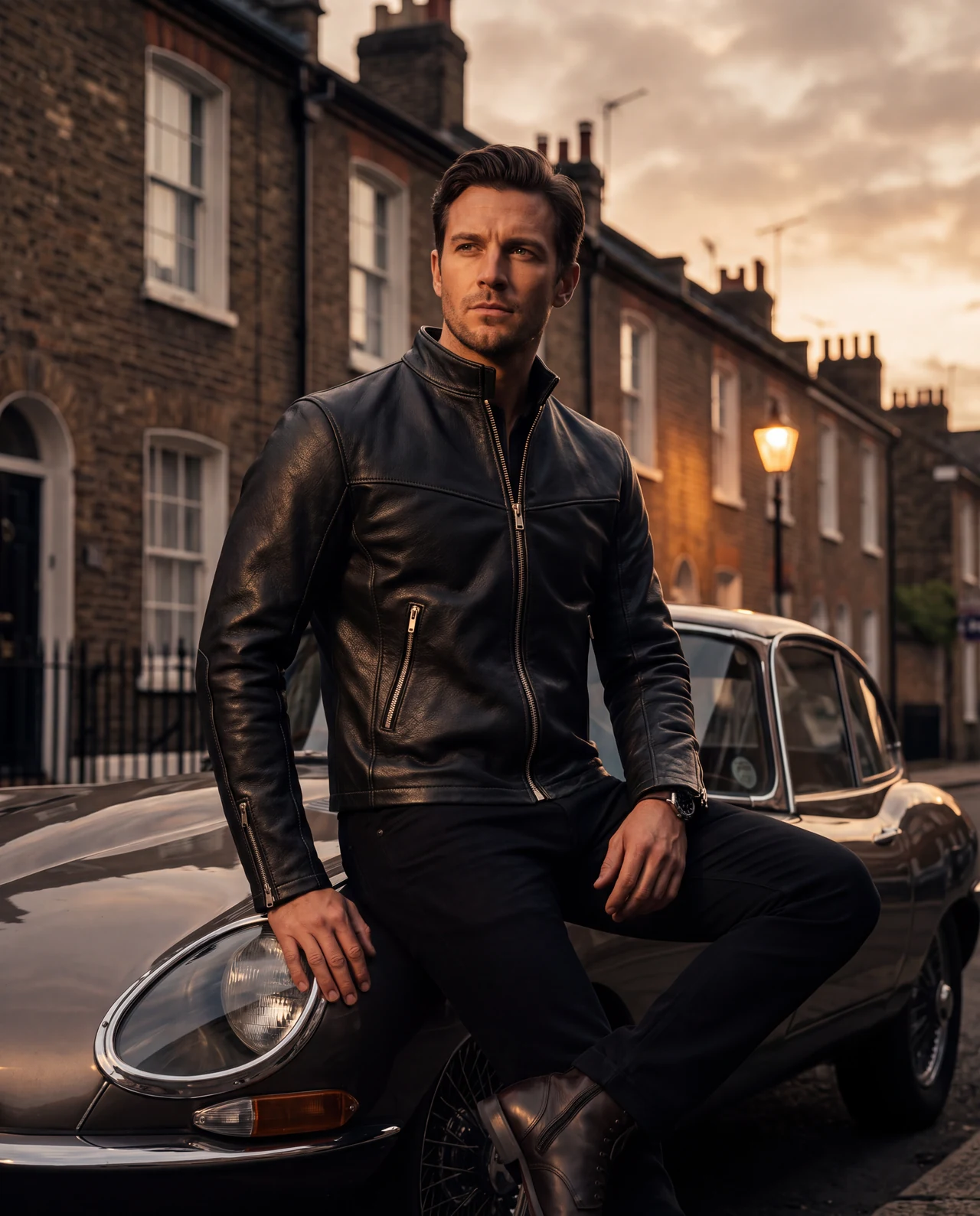 Man in a black café-racer, dark trousers and boots beside a vintage car