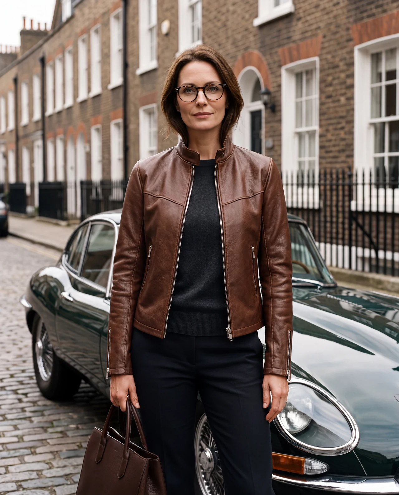 Woman with glasses and a leather bag wearing a brown café-racer