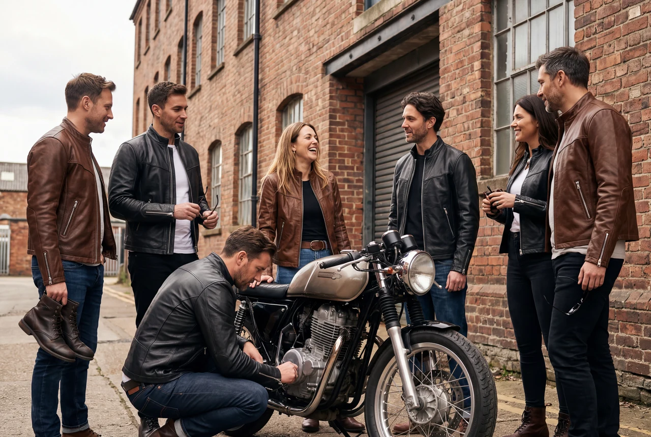 Friends and a vintage motorcycle against industrial brick