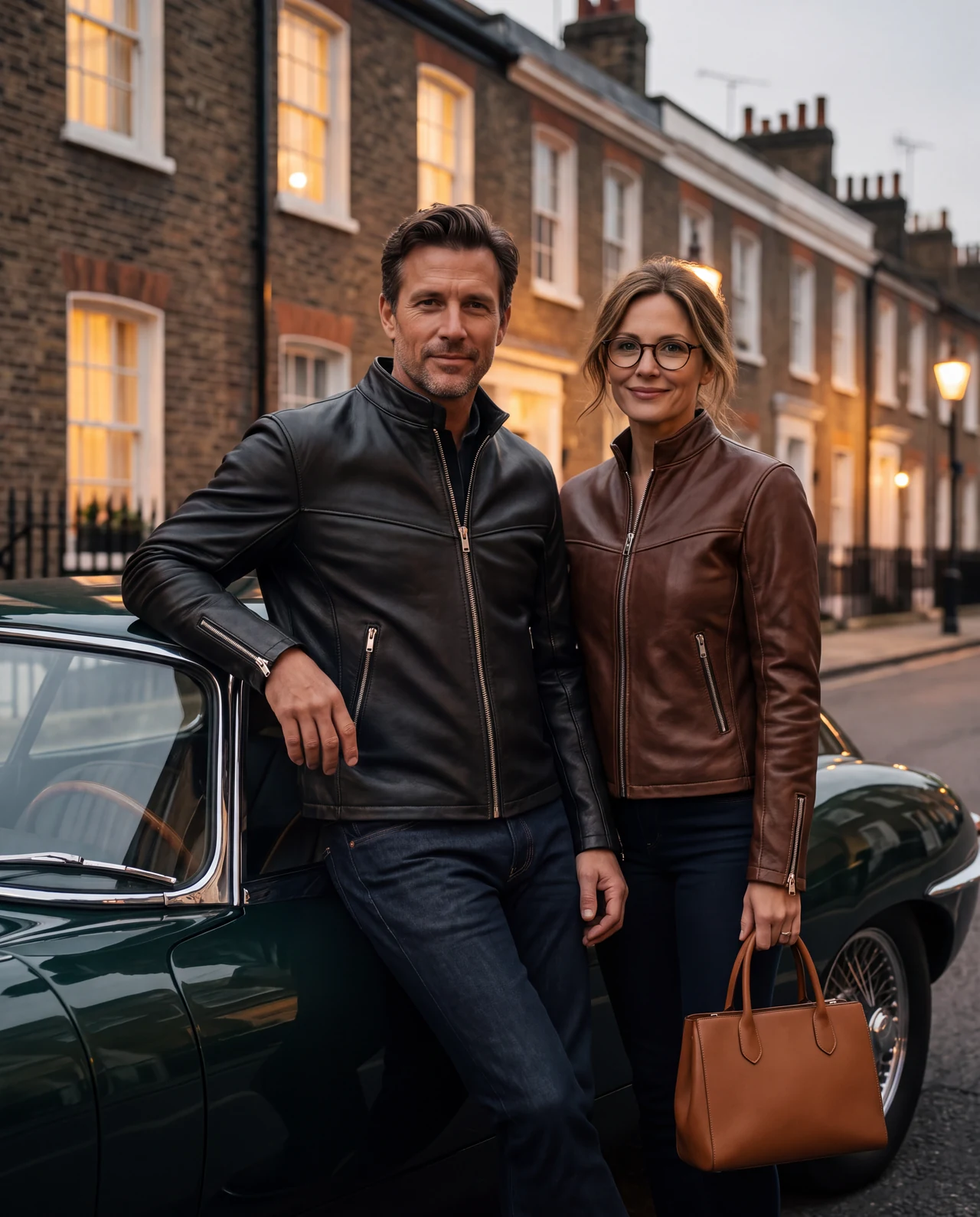 A couple wearing black and brown jackets beside a vintage car