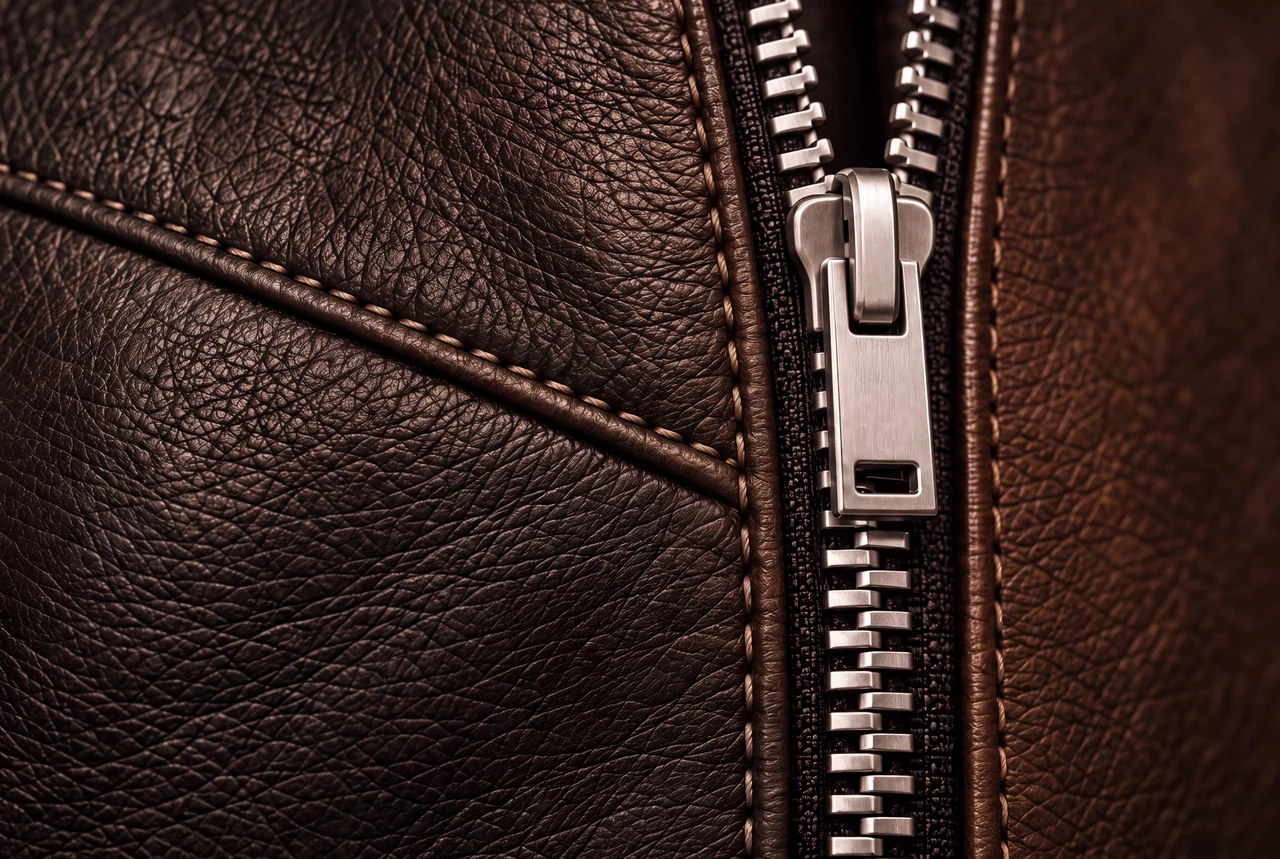 Brown leather grain, stitching and silver-coloured zipper hardware, close detail
