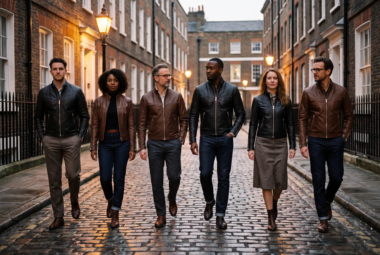 Friends in black jackets walking a historic British street