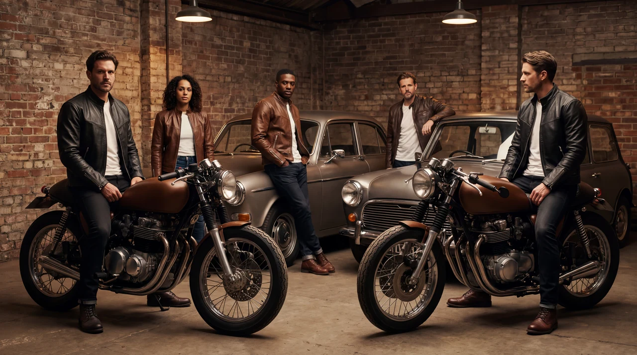 A staged garage campaign with models, motorcycles and a vintage car
