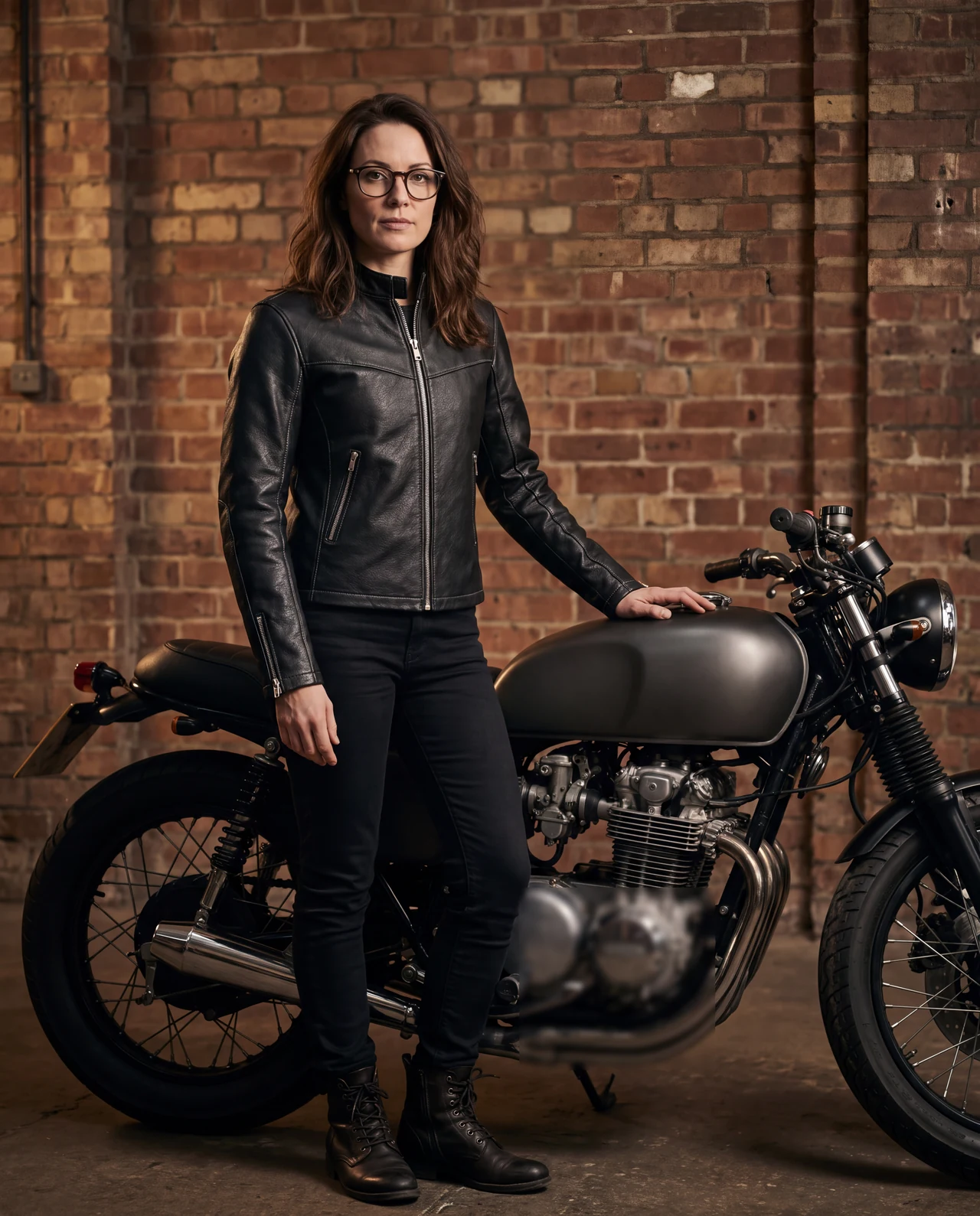 Woman with glasses in a black leather jacket beside a motorcycle