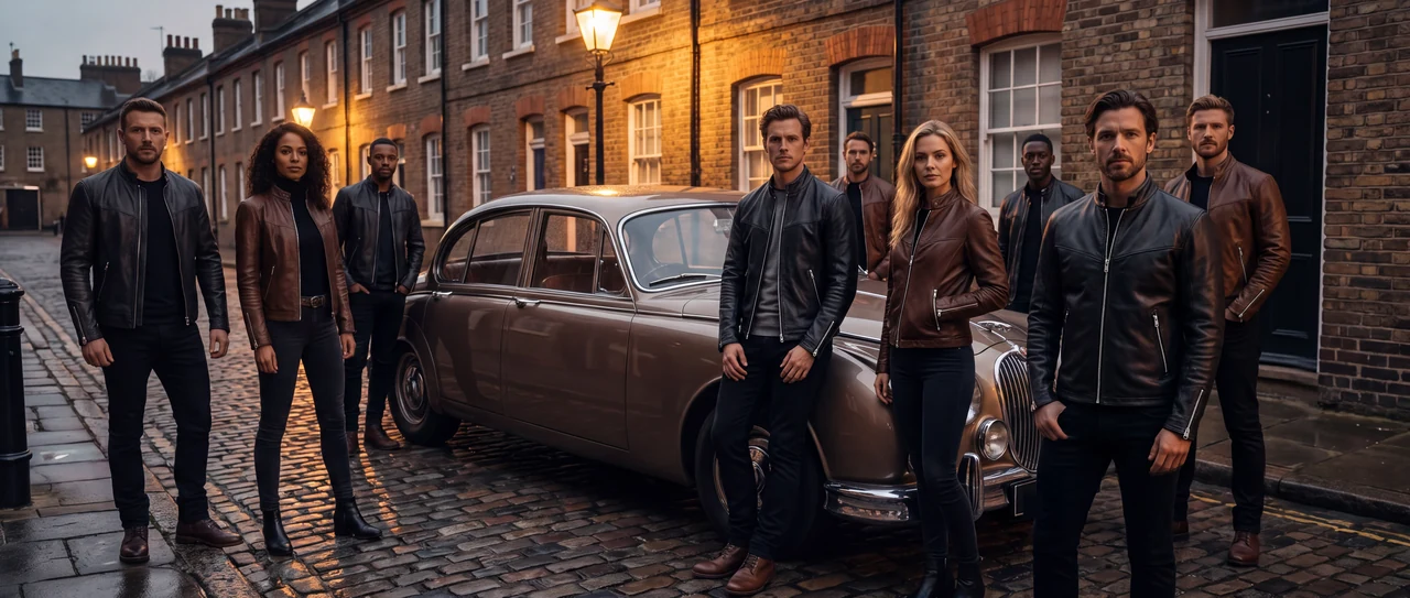 Friends and a vintage car under street lights at dusk
