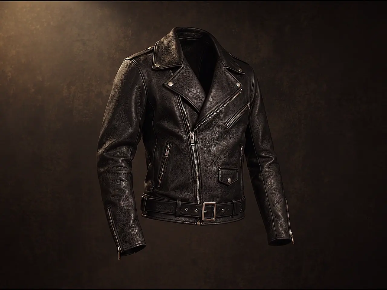 Generated camera pull-back from nickel zipper and black leather to the whole asymmetric Borough jacket